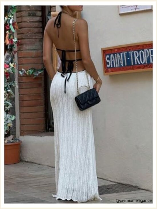 Backless Halter Maxi Dress with Tie Back, Sleeveless Knit, Deep V Neck - Picture 3 of 5